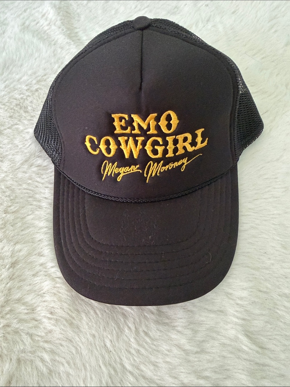 Emo Cowgirl Black Trucker Hat with Gold Embroidery